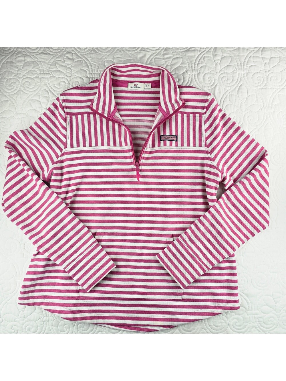 Vineyard Vines Pink White Striped Quarter Zip Pullover Women’s XL